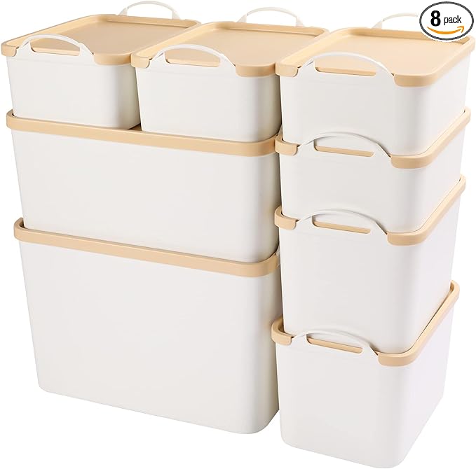 ANMINY 8PCS Plastic Storage Bins Containers with Lids, Large Storage Organization Bins Boxes, Lidded Plastic Storage Baskets for Closet Shelves Desktop, Wheat Lids, 1XL + 1L + 2M + 4S