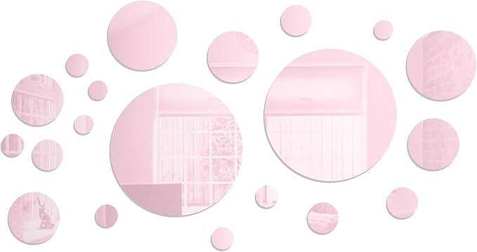 Shappy 32 Pcs Acrylic Mirror Wall Stickers Removable Round Wall Decal Circle Mirror Tiles for Home Bathroom Living Room Bedroom TV Background Decor (Pink,Small Size)