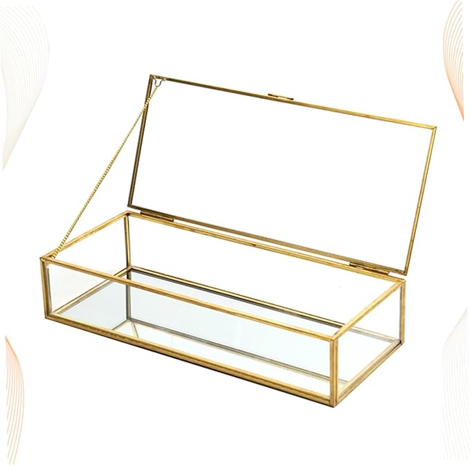 POPETPOP Vintage Golden-edged Glass Jewelry Box Organizer with Geometric Design, Wedding Jewelry Storage Holder for Desktop Display and Makeup Accessories