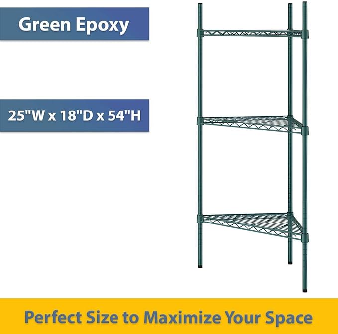 25" W x 18" D x 54" H NSF Green Triangle Heavy Duty Corner Shelving Kit, 3-Shelf Adjustable Wire Rack