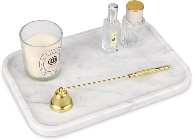 Marble Bathroom Vanity Tray, Natural Marble Home Kitchen Table Tray, Stone Decorative Countertop Serving Organizer for Dresser Coffee Perfume Jewelry Makeup (1, Carrara White L, 12 * 8 * 0.8)