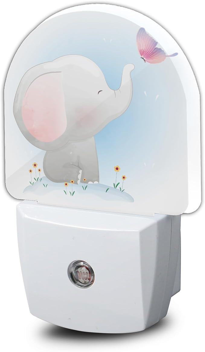 Cute Little Elephant Play Butterfly Dusk to Dawn Night Light Auto Sensor Lamp Home Indoor Stairway Kitchen Corridor Night Lights Plug Into Wall Décor Boys Girls Women Men Room Gifts