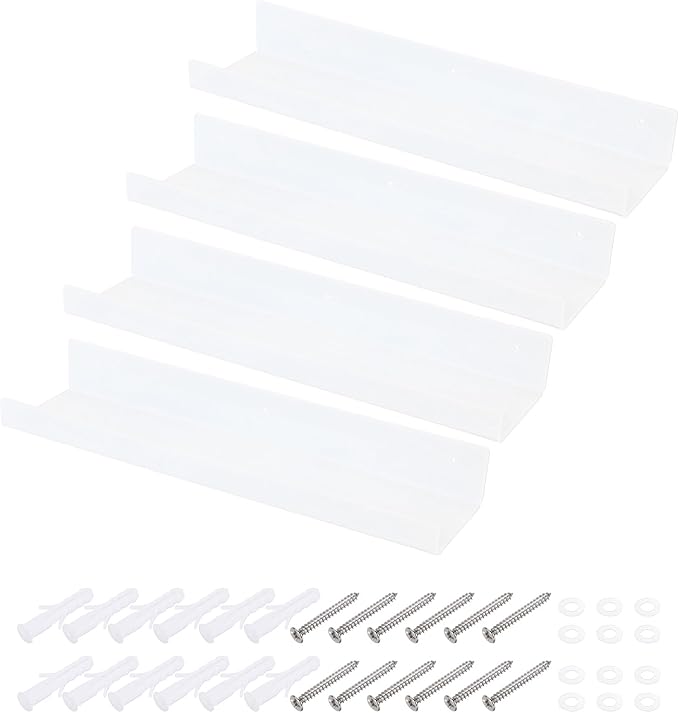 MECCANIXITY 4 Pack Acrylic Shelves for Wall, 15 Inch White Floating Shelves Wall Mount Display Shelf Organizer for Bathroom, Bedroom, Living Room, Room Decor