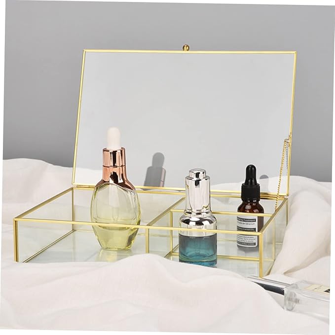 Healeved Jewelry Storage Box Glass Lid Cosmetics Organizer Makeup Holder for Necklace Earring Ring for Women Girls Wedding Valentine's Day