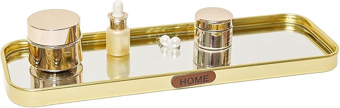 Gold Mirrored Vanity Tray, Small Rectangular Stainless Steel Perfume Organizer, Decorative Glass Mirror Tray for Jewelry, Makeup, Skincare, Bathroom Countertop,Dresser Decor (7.87" x 3.94")