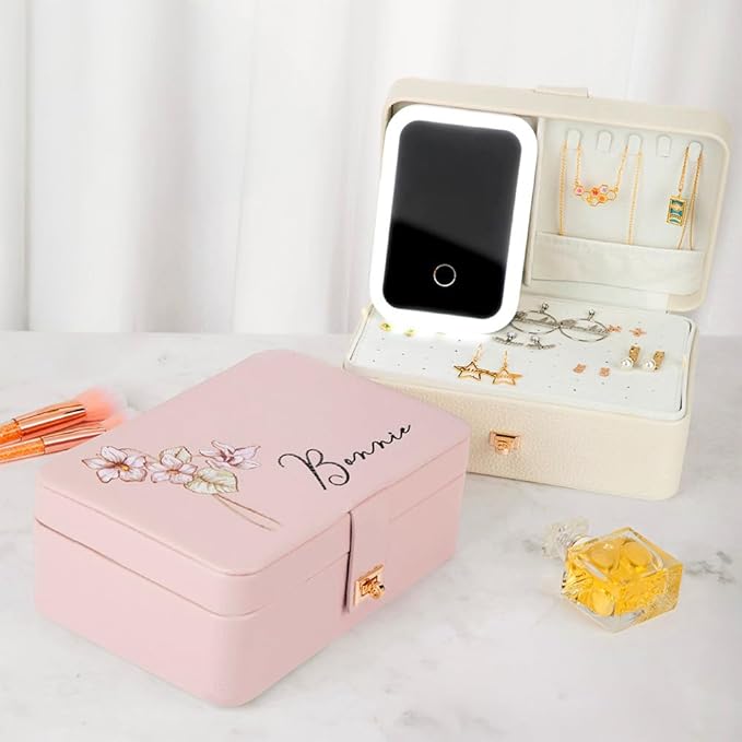 BYFDIY Custom 3-Layer Travel Jewelry Case Personalized Name Birth Flower Jewelry Organizer and Storage With 3 Colors LED Makeup Mirror Mother Jewelrys Box Gifts For Women Nana Size 9.25×6.3×3.54 INCH