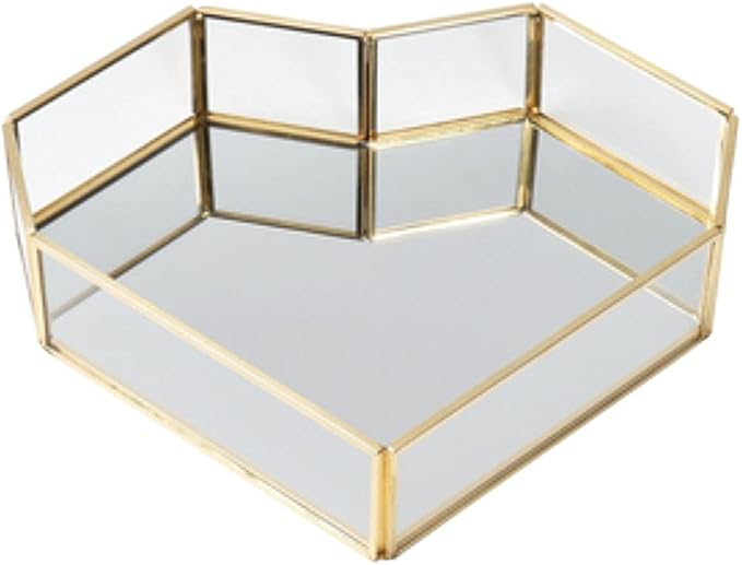 Heart-Shaped Vintage Gold Mirror Glass Vanity Tray,Ornate Geometric and Brass Plated Display Storage Organizer for Makeup Brushes/Lipstick/Skincare/Perfumes/Beauty Room/Bathroom Accessories
