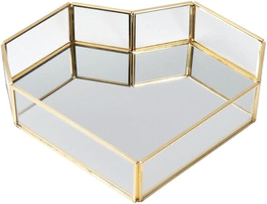 Heart-Shaped Vintage Gold Mirror Glass Vanity Tray,Ornate Geometric and Brass Plated Display Storage Organizer for Makeup Brushes/Lipstick/Skincare/Perfumes/Beauty Room/Bathroom Accessories