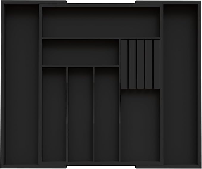 Bamboo Silverware Organizer, Expandable Kitchen Drawer Organizer, Utensil Holder and Cutlery Tray with Grooved Drawer Dividers, Spoon Flatware Storage with Removable Knife Block (Black)