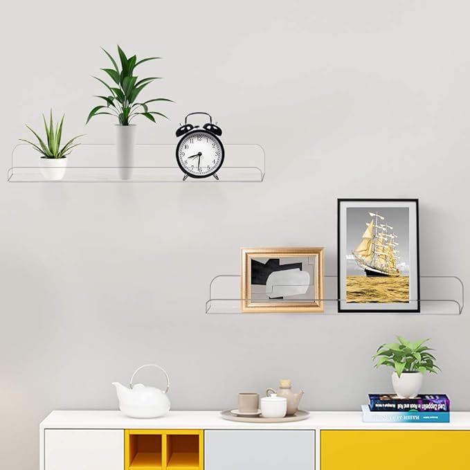 Weiai Clear Acrylic Shelf 15" Invisible Floating Wall Ledge Bookshelf, Kids Book Display Shelves Wall Mounted (15 Inch 2Pack)