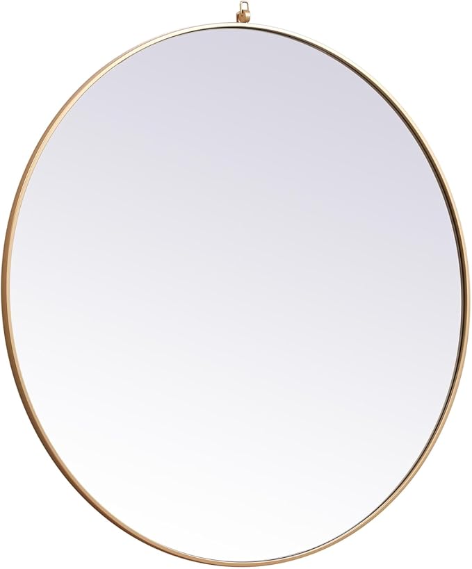 Brilliance, Metal Frame Round Mirror with Decorative Hook 45 Inch in, Midcentury Modern, Brass