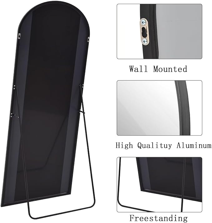 Floor Length Mirror, 81"x41" Arch Full Length Mirrors Full Length Hanging or Leaning with Stand, Wall Mounted Mirrors, Arched-Top Body Mirror with Aluminum Frame for Bedroom(Black)