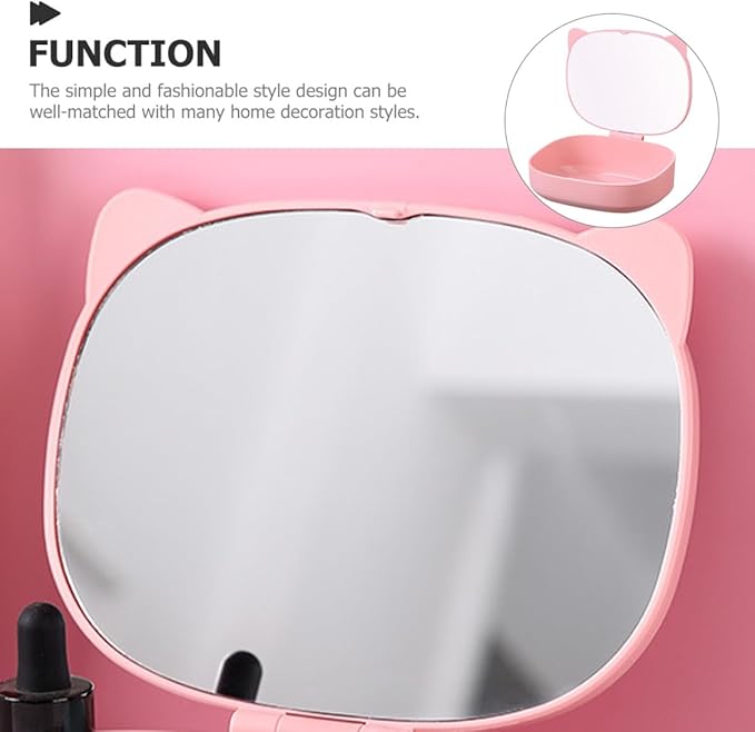 ARTIBETTER Small Jewelry Storage Box with Mirror and Cat Ear Hair Clip, Pink Cosmetic Holder and Hair Tie Organizer, Compact Makeup and Accessories Case for Travel and Home