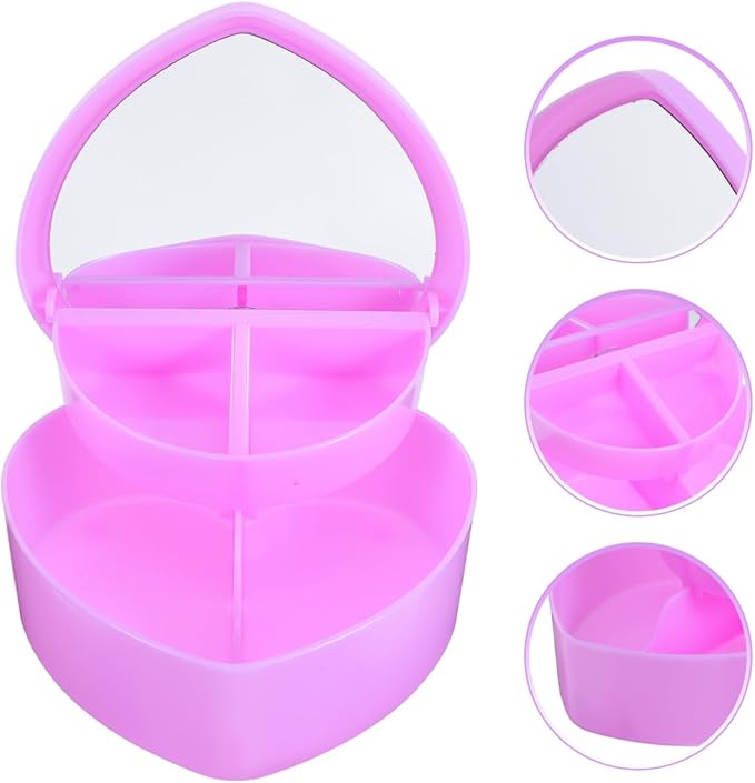 Heart Shaped Travel Jewelry Box for Girls Double Layer Jewelry Organizer with Built-in Makeup Mirror Portable Lightweight Storage for Earrings Rings Bracelets and Hair Accessories