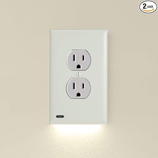 2 Pack - SnapPower GuideLight [For Duplex Outlets] - Replaces Plug-In Night Light - Electrical Receptacle Wall Plate With LED Night Lights - Auto On/Off Sensor - (Duplex, Light Almond)