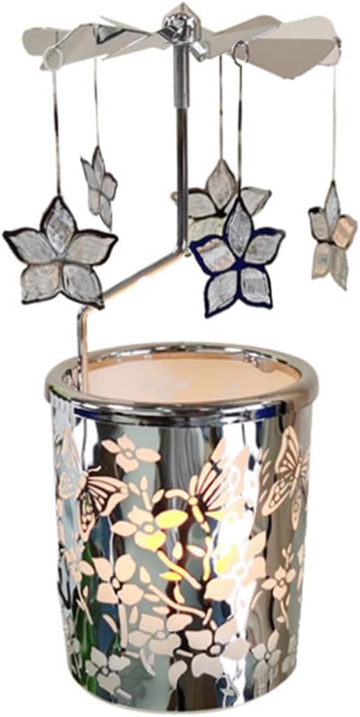 Metal Rotary Candle Holder Spinning Windmill Tea Light Carousel Decor for Home & Gifts (Silver Bauhinia Flower)