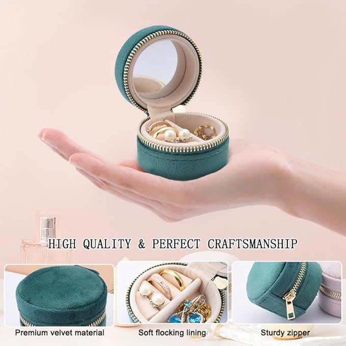 Mini Small Travel Jewelry Case With Mirror - Compact Velvet Organizer Box, Portable Clutch Earrings/Rings/Necklaces Premium Storage, Bridesmaid/Girlfriend Gift for Make up (Green)