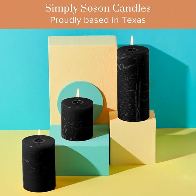 Simply Soson 3x6 inch Black Pillar Candles Set of 3, Rustic Texture, Unscented Black Candles, Dripless Candles, 3 inch Pillar Candles Ideal as Wedding, Parties, Spas, Dinner, Home Decoration, Church