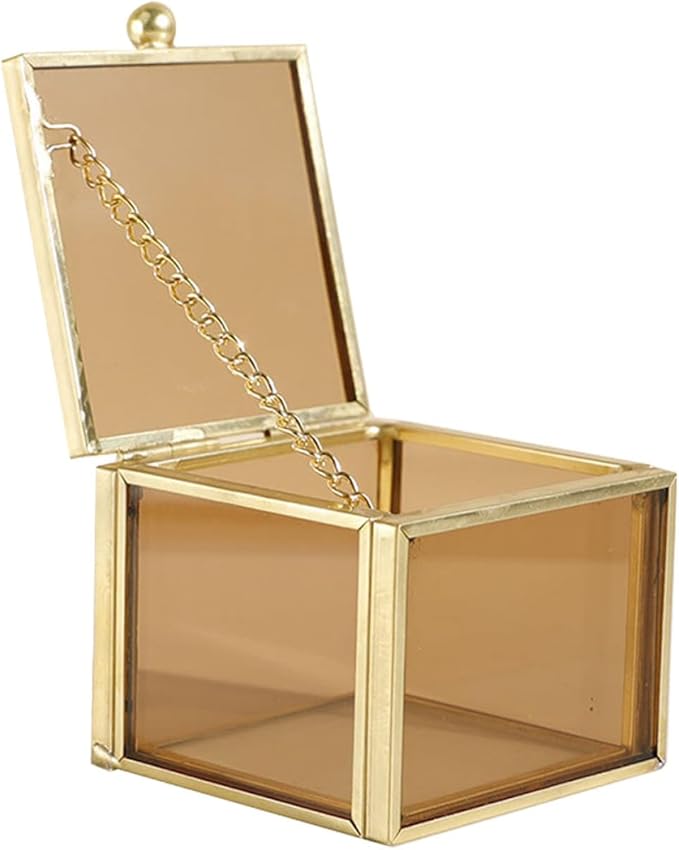 Abaodam Glass Jewelry Holder Square Box Amber Glass Jewelry Case Cosmetic Organizer for Home Storage