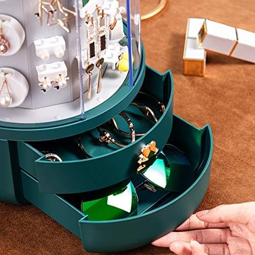 360 Rotating Jewelry Box Cosmetic Storage Box Transparent Makeup Organizer Earrings Desktop Organizer for Necklace ping (Color : Green)