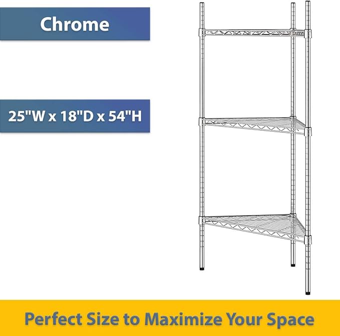 25" W x 18" D x 54" H NSF Chrome Triangle Heavy Duty Corner Shelving Kit, 3-Shelf Adjustable Wire Rack