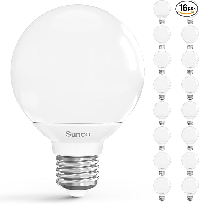 Sunco 16 Pack G25 LED Light Bulbs, Vanity Globe Bathroom Light Bulb, 450 LM, 6000K Daylight Deluxe, 6W (40W Equivalent), Dimmable Mirror Vanity Decorative Bulb, E26 Base UL.