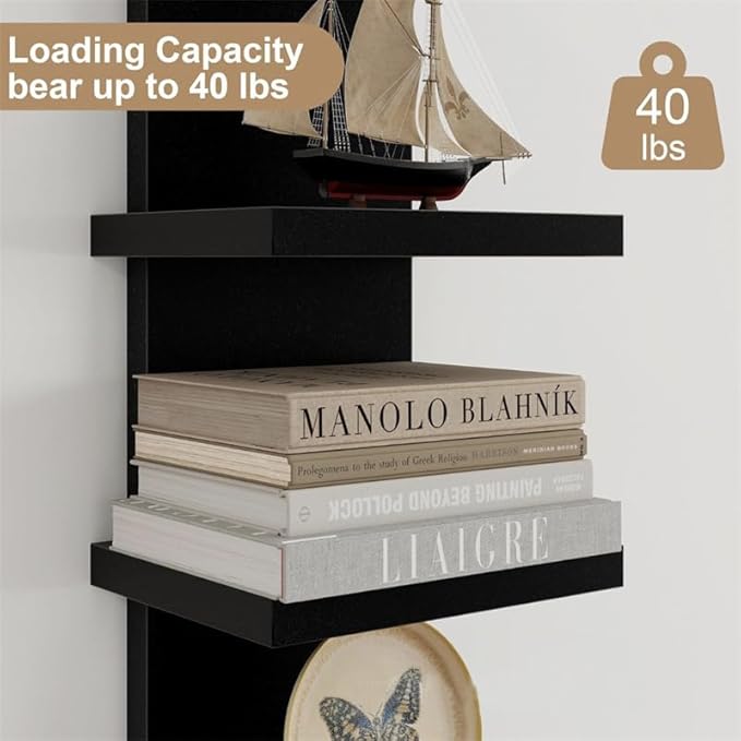 5 Tier White Wall Shelves - Vertical Column Floating Storage Organizer, Tall Tower Design Utility Shelving for Home Decor, Bedroom & Living Room, 30.7" x 31"(Black)