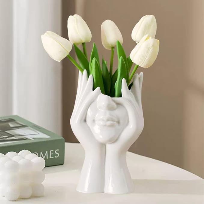 White Ceramic Vase Creative Human Body Art Design Multi Functional Office Desktop Organizer Pen Holder Makeup Brush Holder Home Decor Vase for Flowers Boho Ceramic Vases Stylish Decorative Accent (B)