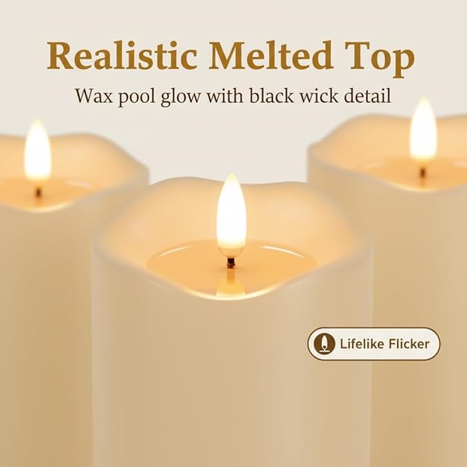 ANGELLOONG Flameless Candles with Remote for Table Decor, Flickering Fake Pillar Candles Battery Operated, Battery Candles with Timer for Home Living Room Wedding Bride Decoration, Set of 3