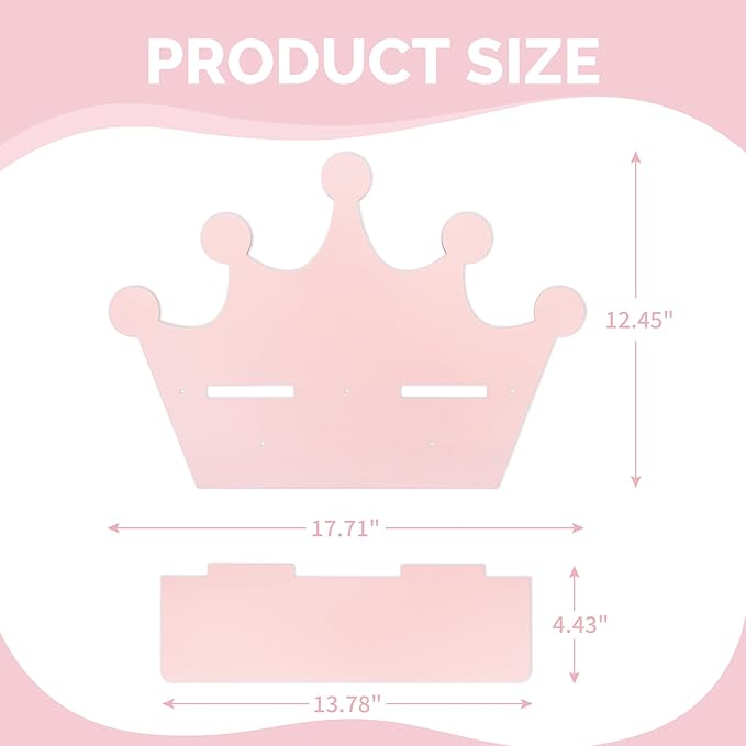 Pink Crown Floating Wall Shelf with Hooks, Princess Room Decor for Girls Bedroom, Nursery Organizer for Girls Room Storage