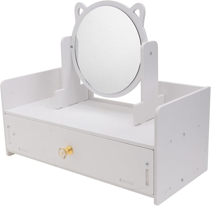 ARTIBETTER Desktop Makeup Mirror with Storage Drawer, Large Portable Cosmetic Organizer Box, Round Mirror with Single Drawer, Home Dressing Table Makeup Storage Solution