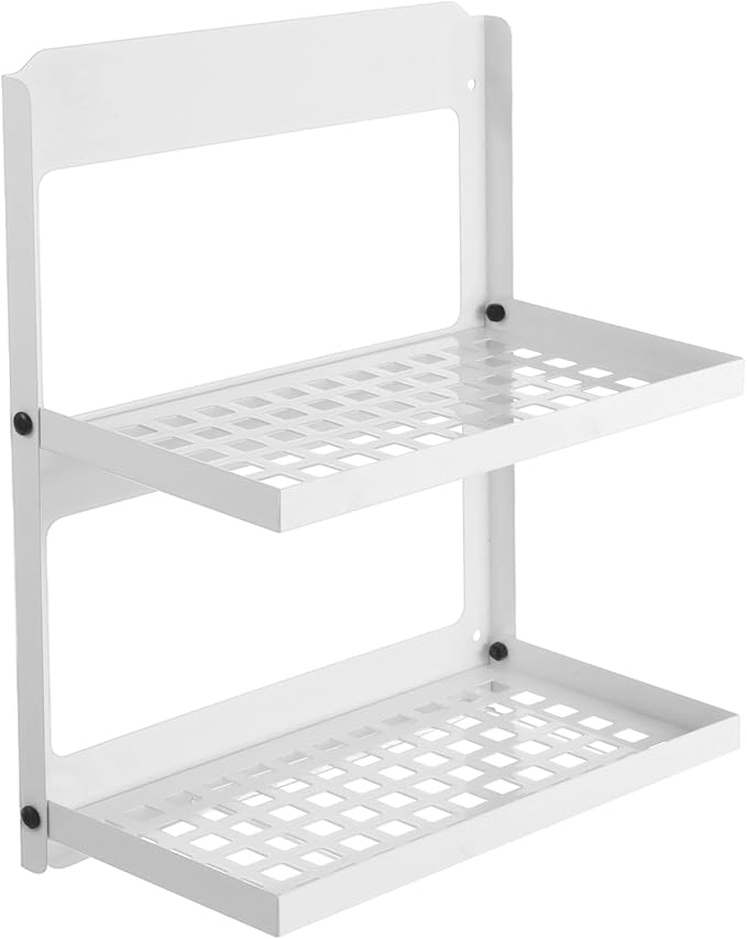 OMISTAR 2-Tier Folding Metal Wall Shelf, Foldable Wall-Mounted Rack, Space-Saving Double-Layer Shelf, Black Iron Floating Shelf for Kitchen, Bathroom, Laundry, Easy Installation with Screws (White)