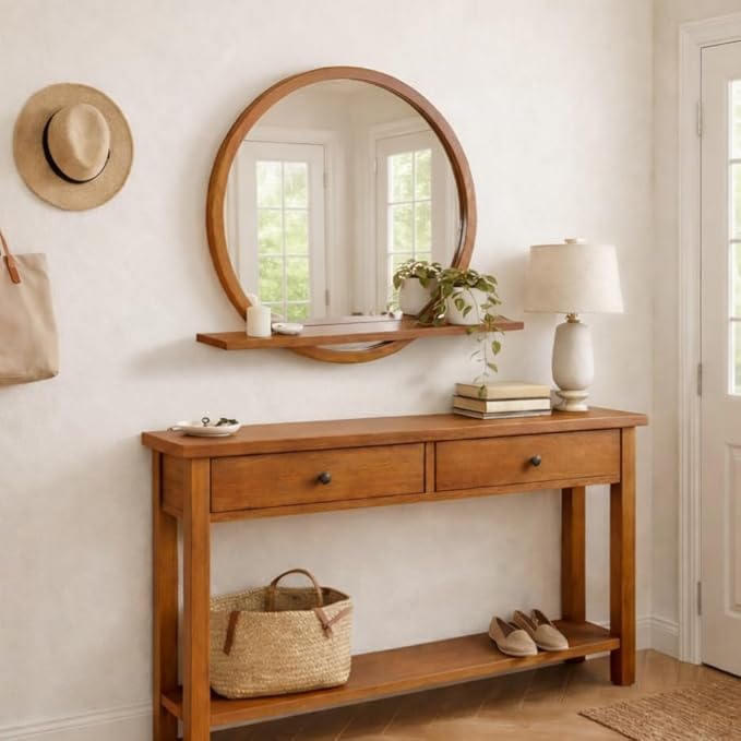 Wall Mirror with Shelf – Wood Circle Mirror for Entryway, Bathroom & Living Room – Unique Elegance & Multifunctional Design – 24 Inch