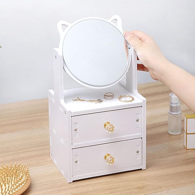 Cosmetic Storage Box for Women, Girls, Desktop Vanity Mirror with Storage Drawer, Large 360° Rotating Vanity Tabletop, Desktop Counter Top Rectangular Makeup Mirror with Stand