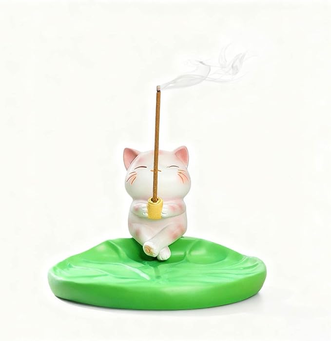 Cute Cat Incense Holder Animal Figurine Incense Burner Ash Catcher Creative Cartoon Resin Cat and Green Lotus Leaf Base Statue for Home Room Decor Meditation Yoga Spa