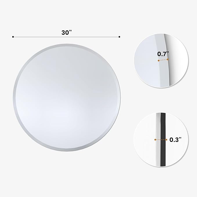 30 Inch Large Round Wall Mirror, Frameless Beveled Circle Mirror for Bathroom Vanity, Statement Decor Mirror for Living Room, Fireplace & Entryway, Solid Backed
