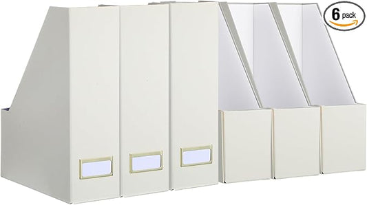 Gueevin Set of 6 Magazine File Holder Stylish Sturdy Cardboard File Boxes Desk Magazine Organizer Rack with Gold Label Holder to Organize Your Desk or Shelves for Home Classroom Office Library(Beige)