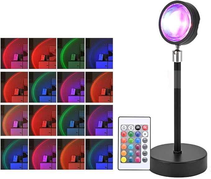 Sunset Projector Lamp,16 Color RGB LED Mood Light with Remote,360°Rotation,Dimmable,Sunset Background,Decorative Night Light for Live Streaming,Photography/Selfie/Party,Bedroom