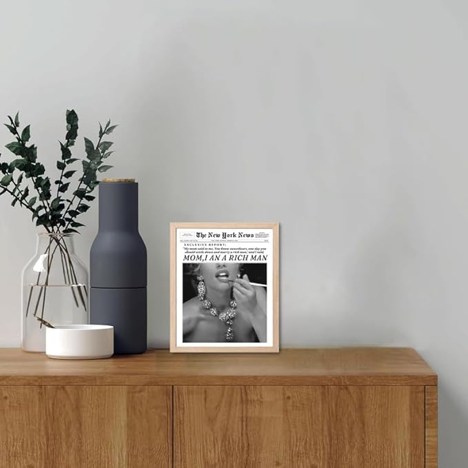 Bwodke OAK Wood Framed Wall Art Mom I Am a Rich Man Canvas Art Vintage Newspaper Pictures Wall Decor Trendy Prints Retro Artwork for Girly Dorm Bedroom 8"x10"