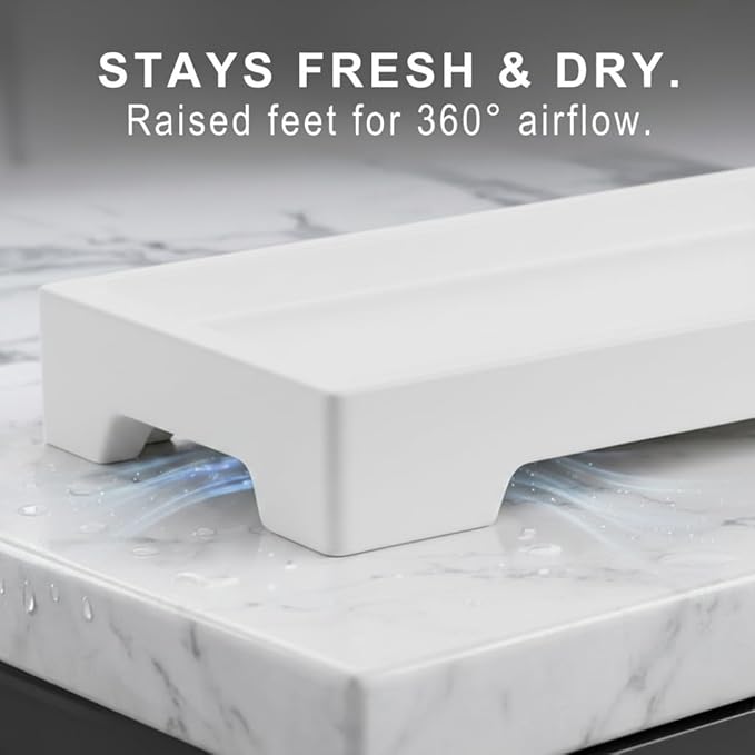 Countertop Vanity Tray - Silicone Bathroom Sink Organizer & Kitchen Soap Tray, Footed Anti-Slip Design, Waterproof Caddy for Perfume, Jewelry, Makeup, Bottle, Oil, Sponge Holder, White (L10 x W 4.2")