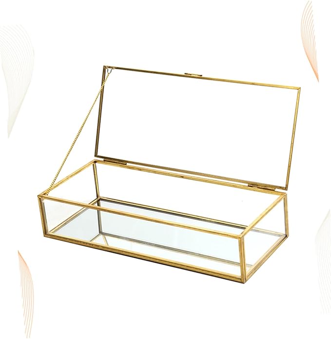 Uonlytech Vintage Geometric Glass Jewelry Storage Box with Golden Trim Desktop Organizer for Earrings Rings Necklaces Elegant Display Case for Wedding Favors and Makeup Storage