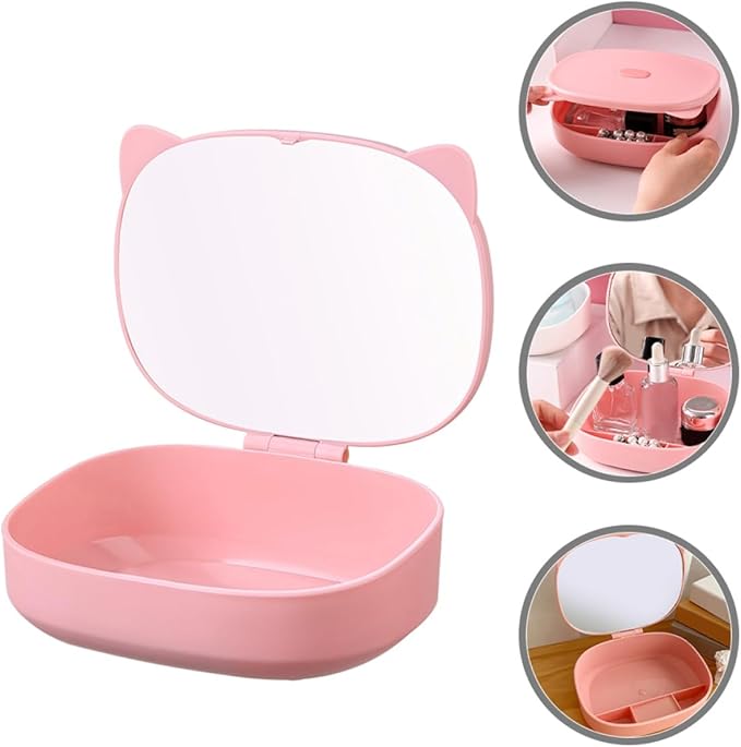 ARTIBETTER Small Jewelry Storage Box with Mirror and Cat Ear Hair Clip, Pink Cosmetic Holder and Hair Tie Organizer, Compact Makeup and Accessories Case for Travel and Home