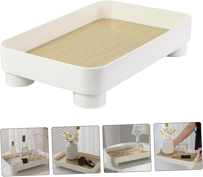 Wooden Bathroom Tray Organizer Decorative Vanity Counter Holder for Makeup Perfume and Skincare Farmhouse Style Desk Decoration