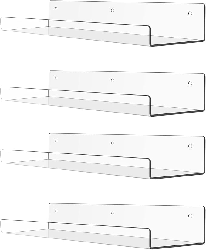 Acrylic Floating Shelves, 15.7 Inch Clear Wall Mounted Display Ledge, Invisible Bookshelf for Nursery, Makeup Organizer, Vinyl Records, 2-16 Pack (4)