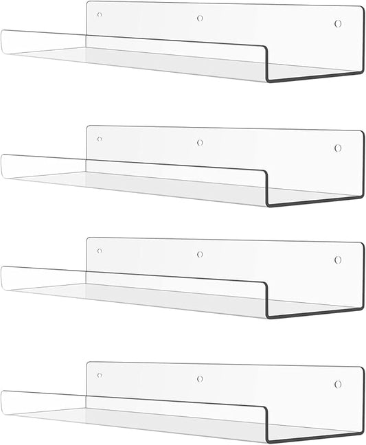 Acrylic Floating Shelves, 15.7 Inch Clear Wall Mounted Display Ledge, Invisible Bookshelf for Nursery, Makeup Organizer, Vinyl Records, 2-16 Pack (4)