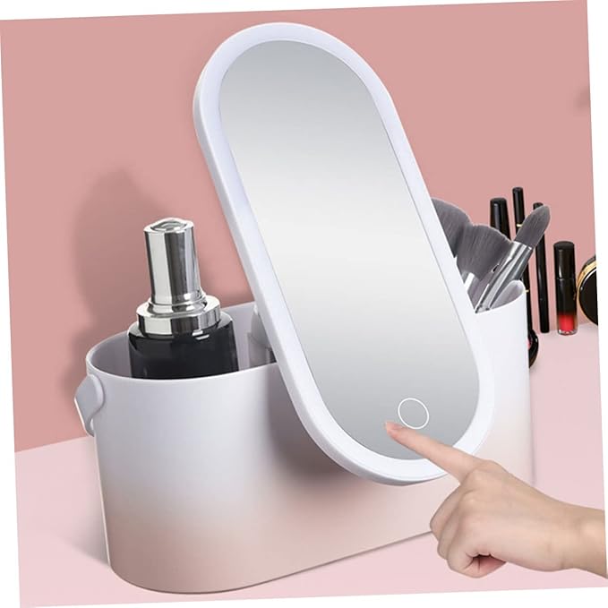 Housoutil Portable Makeup Organizer with Led Mirror Handheld Storage Box for Travel High Definition Rotating Makeup Mirror Sturdy Abs Material for Use