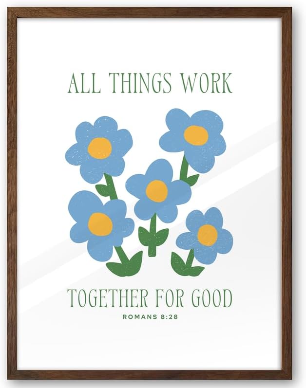 EcoHest Walnut Color OAK Wood God Framed Wall Art, 12x16in Romans 8:28 All Things Work Bible Verse Christian Wall Art, Modern Blue Flower Bedroom Decor For Living Room Bathroom Christian Gift 1Pack