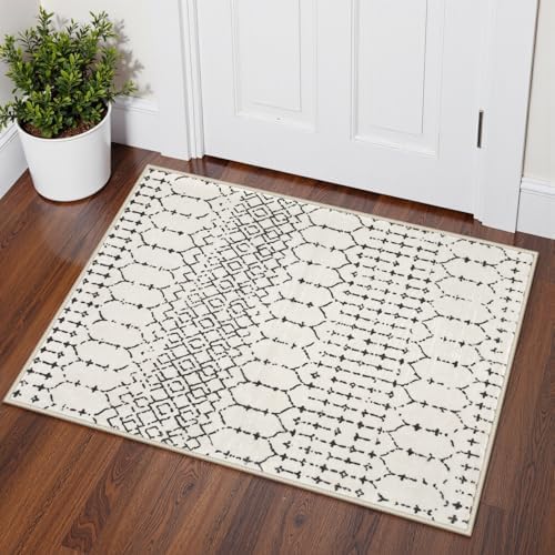 Lahome Moroccan Small Runner Rug 2x5 Rug Runner Non-Slip Washable Rug Runner Throw Lightweight Hallway Rugs Indoor Laundry Room, Geometric Print Carpet Runners for Bedroom Kitchen Hana (White, 2'x5')