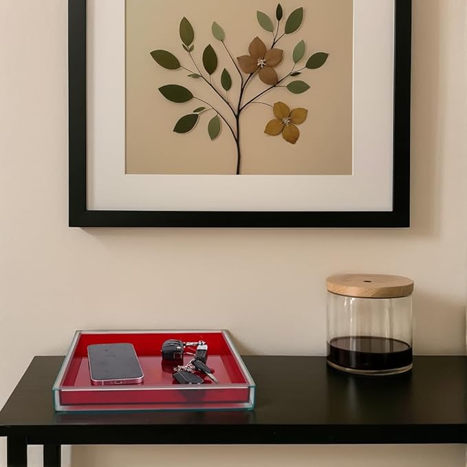 Red Acrylic Tray -10"x10" Multipurpose Square Decorative Tray for Perfume Display & Serving, Bathroom Sink Vanity Organizer Tray for Bathroom, Vanity, Coffee Table, Living Room Decor
