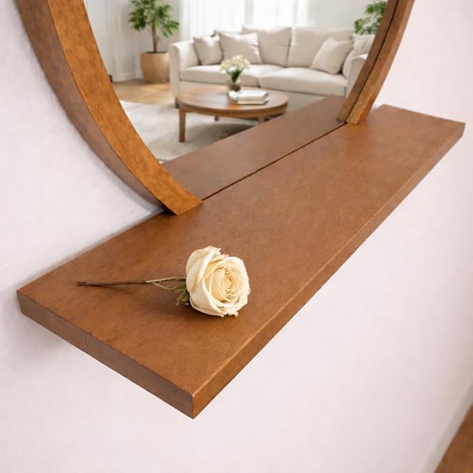 Wall Mirror with Shelf – Wood Circle Mirror for Entryway, Bathroom & Living Room – Unique Elegance & Multifunctional Design – 24 Inch
